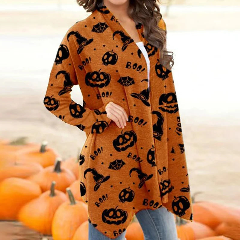 Skull Pumpkin Print Open Front Long Cardigan for Women