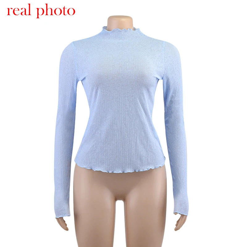 Cryptographic 2025 Fall Elegant See Through Long Sleeve Mock Neck Women Tops Fashion Streetwear Sexy T-Shirts Tees Slim Clothes
