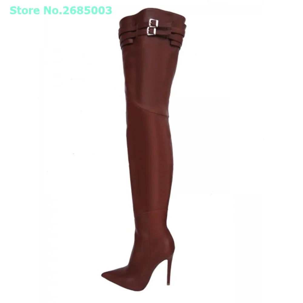 Pointed Toe Solid Leather Over The Knee Boots For Women