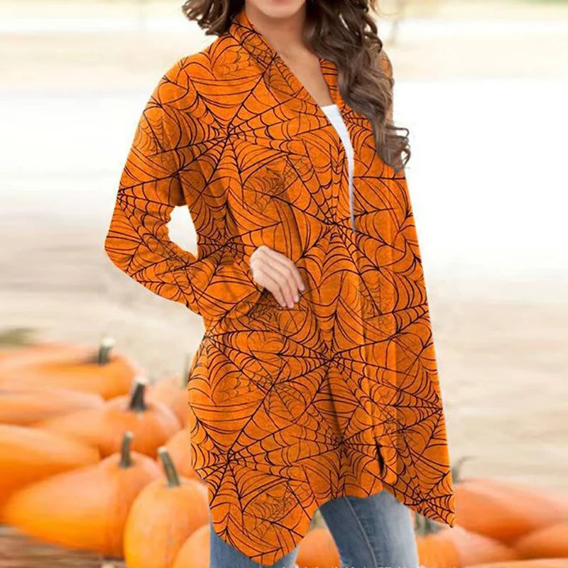 Skull Pumpkin Print Open Front Long Cardigan for Women
