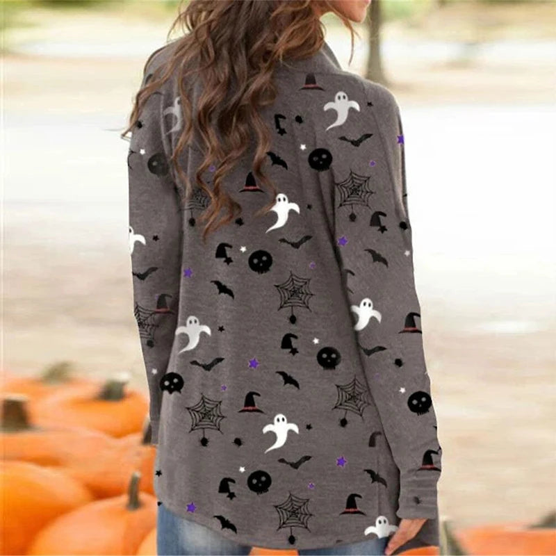 Skull Pumpkin Print Open Front Long Cardigan for Women