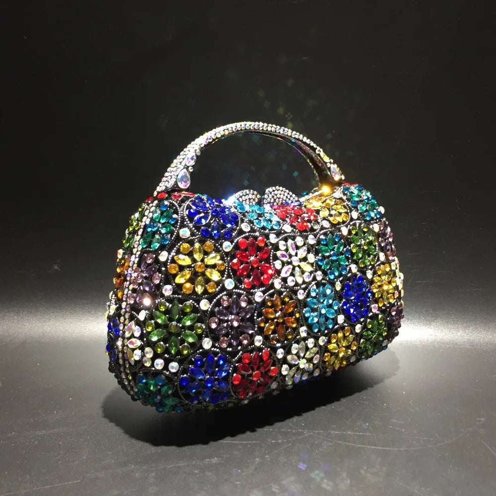 Women Champagne/Blue Color Stone Evening Bags Purses and Handbags Wedding Party Dinner Crystal Flower Clutch Bags Minaudiere Bag