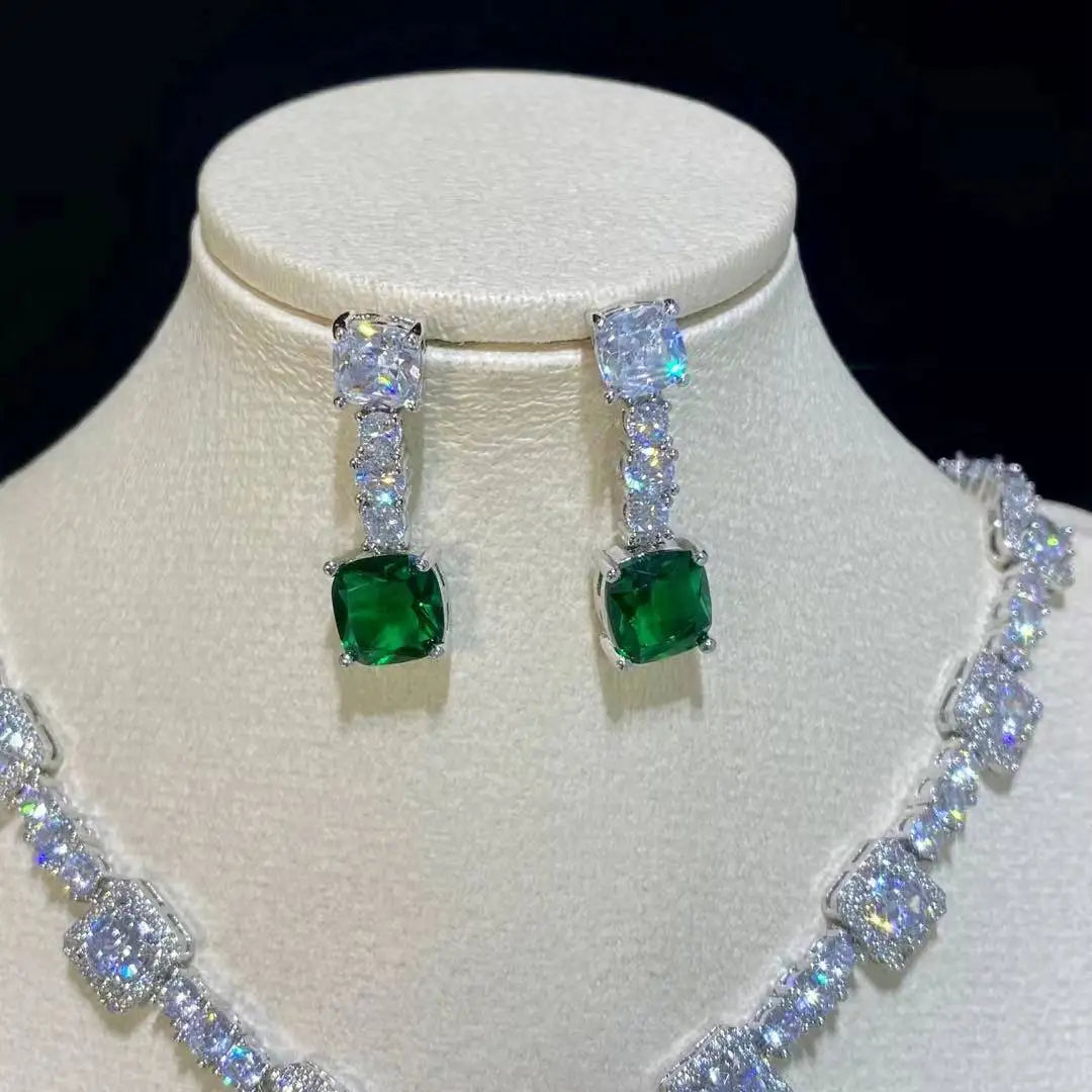 Square Rhinestone Bright Yellow Green Drop Earring Necklace Set For Women