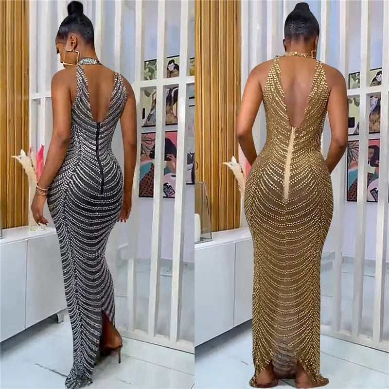 Backless Crystal Rhinestone See Through Bodycon Maxi Dress for Women