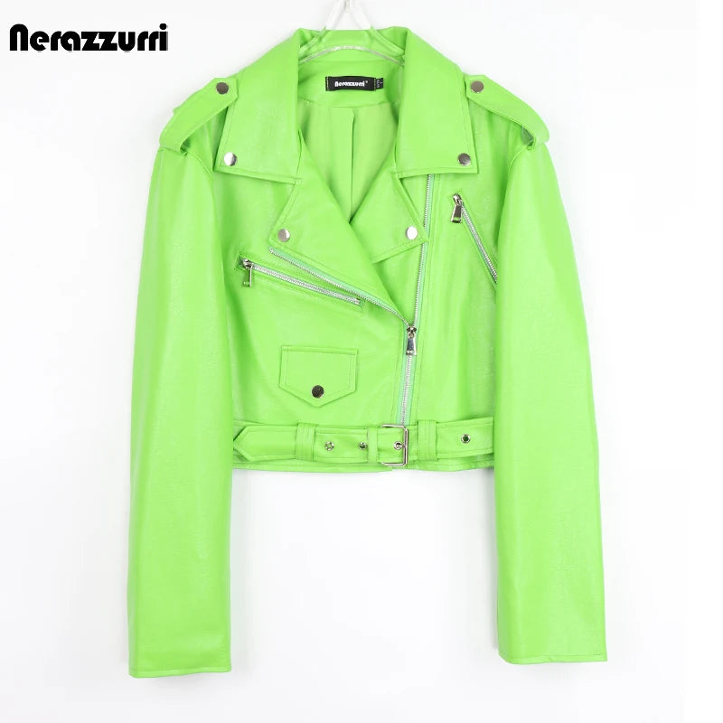 Faux Leather Short Biker Jacket with Zipper and Epaulets for Women