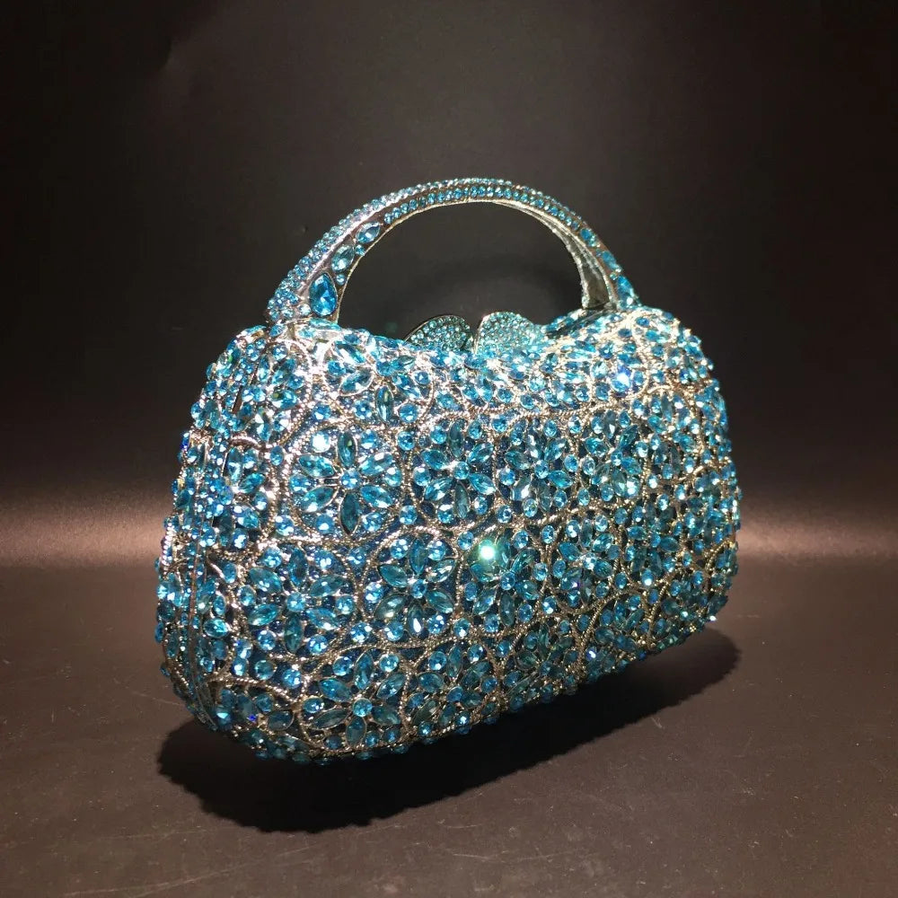 Women Champagne/Blue Color Stone Evening Bags Purses and Handbags Wedding Party Dinner Crystal Flower Clutch Bags Minaudiere Bag