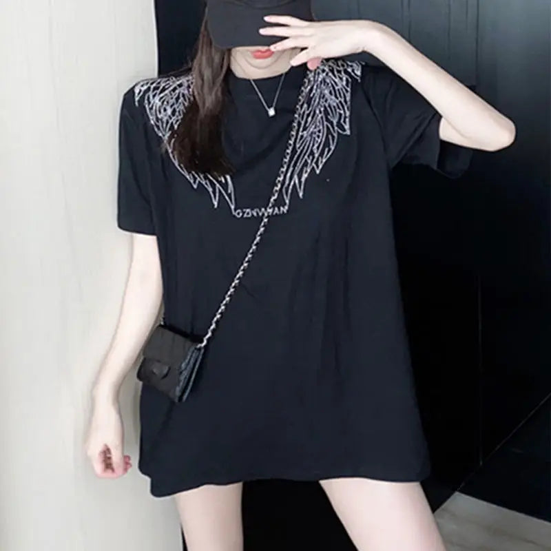 Fashion Women's T-shirt For Summer Short Sleeve Pulovers Midi Loose Clothes Casual Graphic Aesthetic Cotton Tops Korean T Shirt