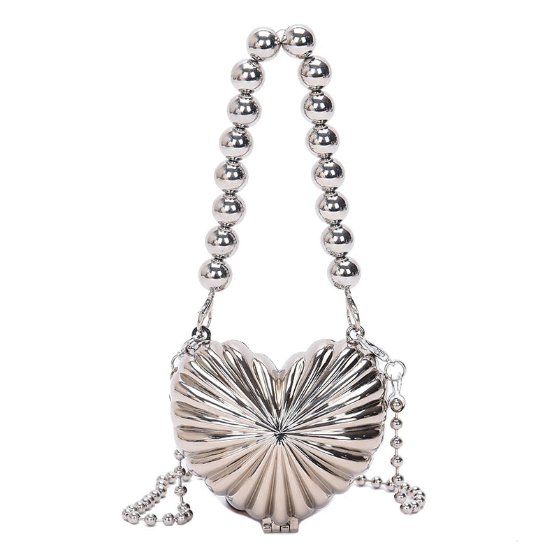Elegant Heart Charm Metal Chain Mini Shell Bag for Women