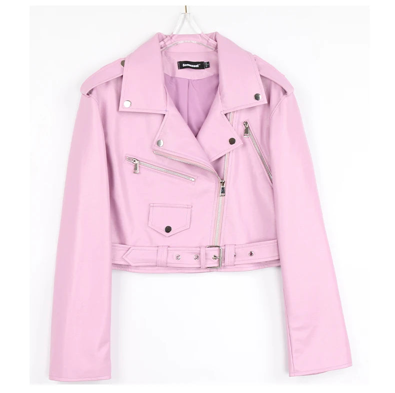 Faux Leather Short Biker Jacket with Zipper and Epaulets for Women