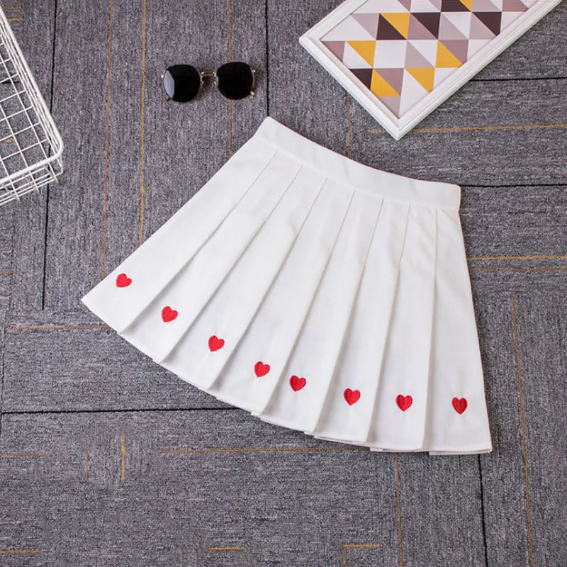 Black Heart Embroidery Pleated Mini Skirt Women Summer Girl High School Student Skirt Sweet High Waist Skirt Aline Saia Feminina