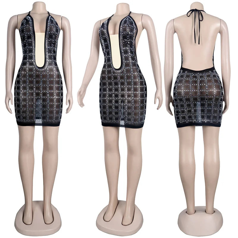 Rhinestone Halter Backless Bodycon Dress for Women
