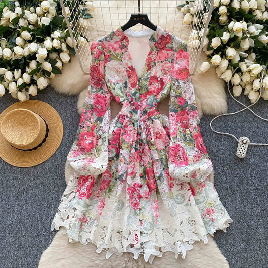 Floral V-Neck Cutout A-Line Dress