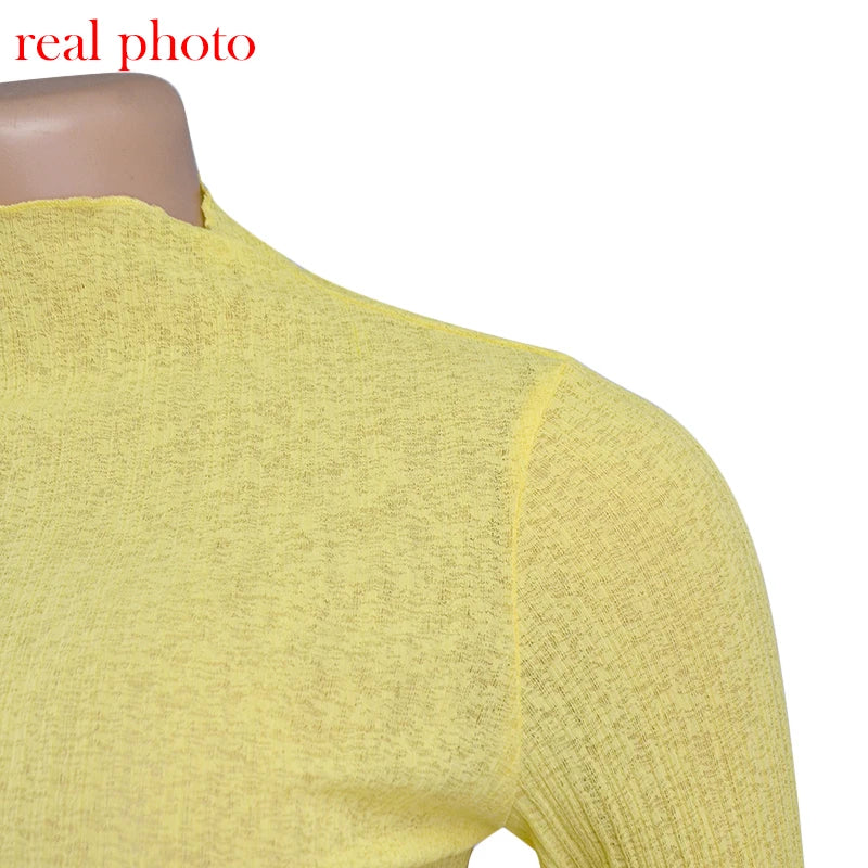 Cryptographic 2025 Fall Elegant See Through Long Sleeve Mock Neck Women Tops Fashion Streetwear Sexy T-Shirts Tees Slim Clothes