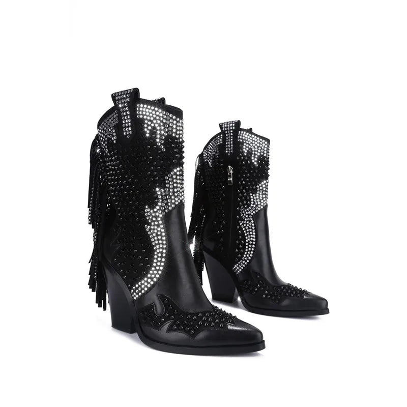 Western Rhinestone Fringe Over The Knee Boots For Women