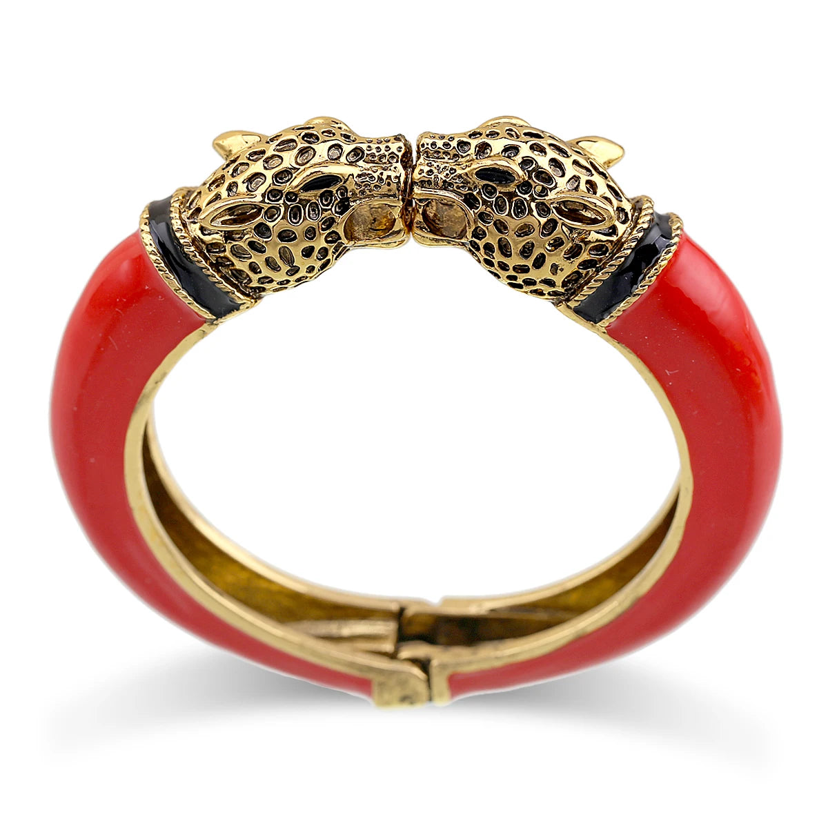 Double Leopard Head Enamel Cuff Bracelet for Women