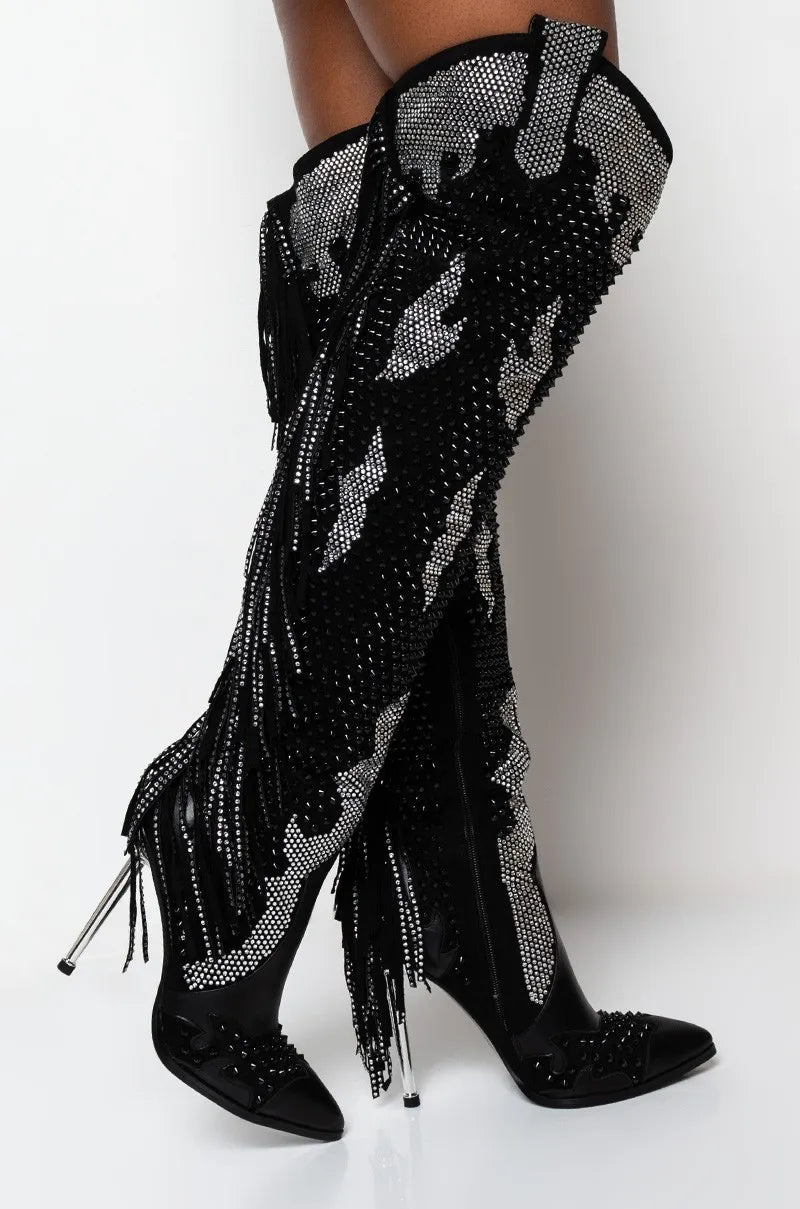 Embellished Rhinestone Over The Knee Boots For Women