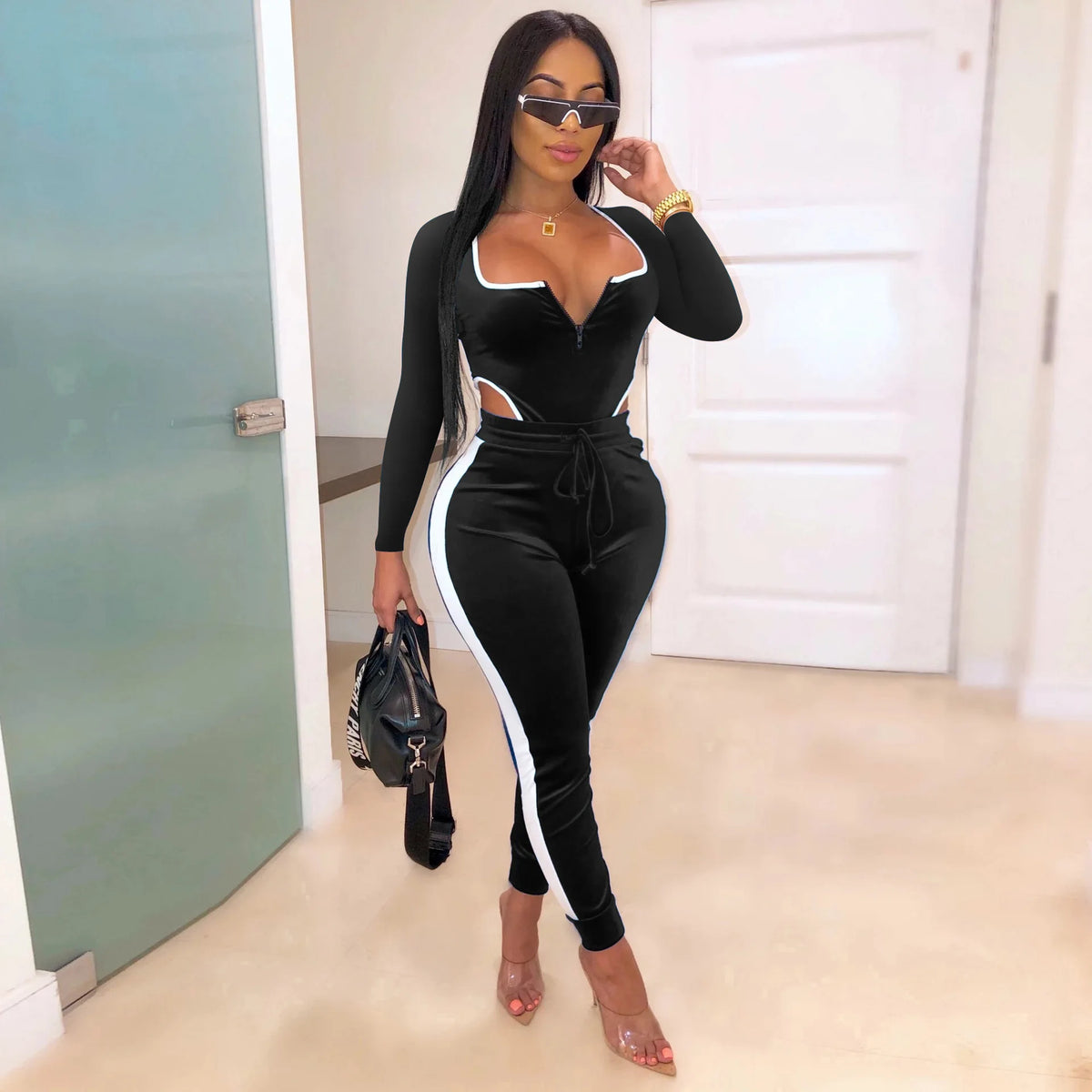 Velvet V-Neck Two Piece Top and Pants Set for Women