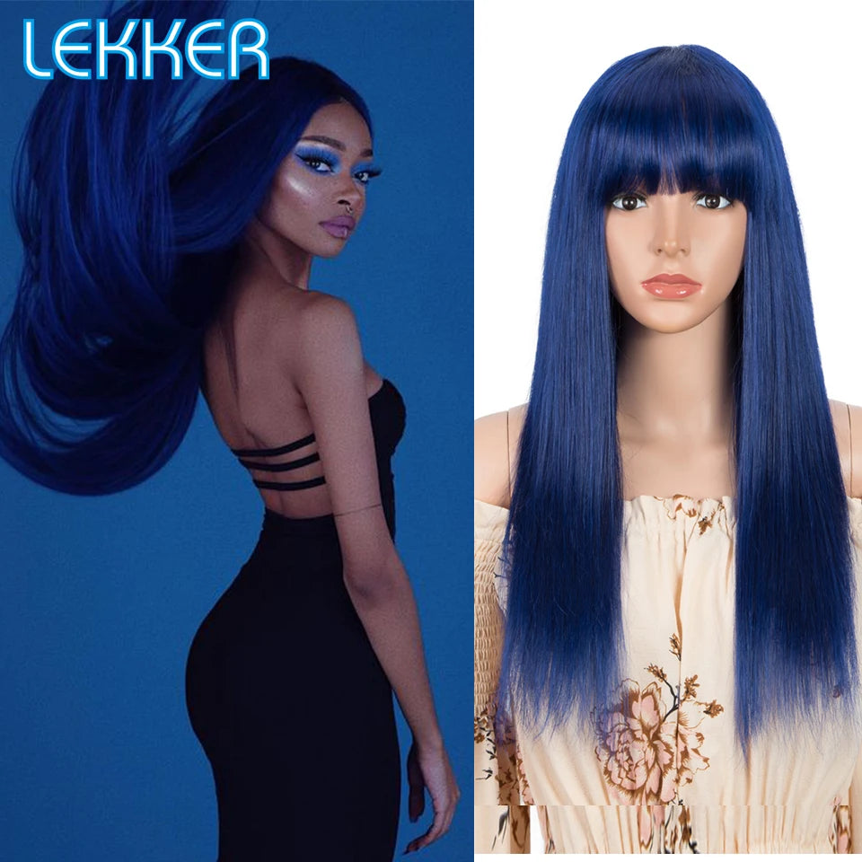 Blue Long Straight Human Hair Wig With Bangs for Women