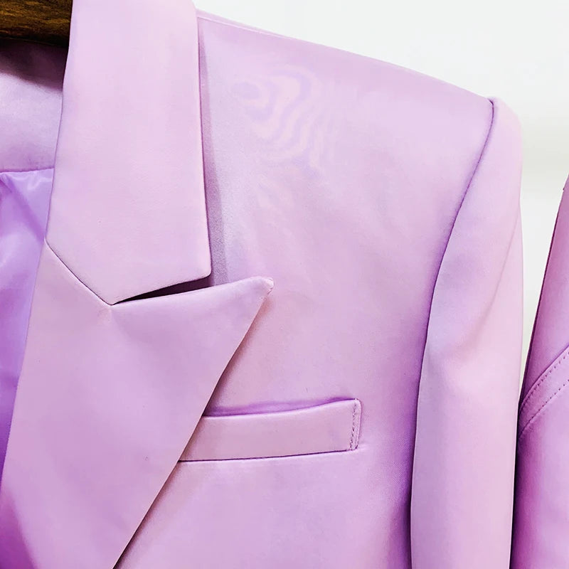 HIGH STREET Newest Fashion 2026 Designer Runway Suit Set Women's Double Breasted Straght Satin Blazer Mini Skirt Set