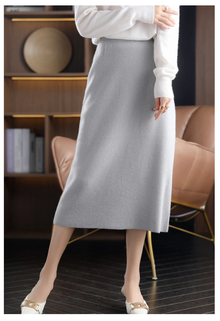 Pure Wool High Waist Knit A-Line Midi Skirt for Women