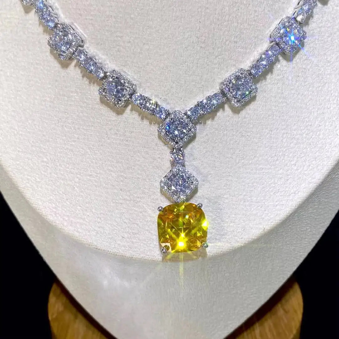 Square Rhinestone Bright Yellow Green Drop Earring Necklace Set For Women
