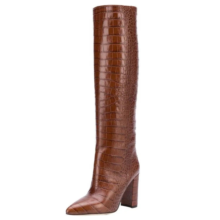 Pointed Toe Slip On Leather Knee High Boots for Women