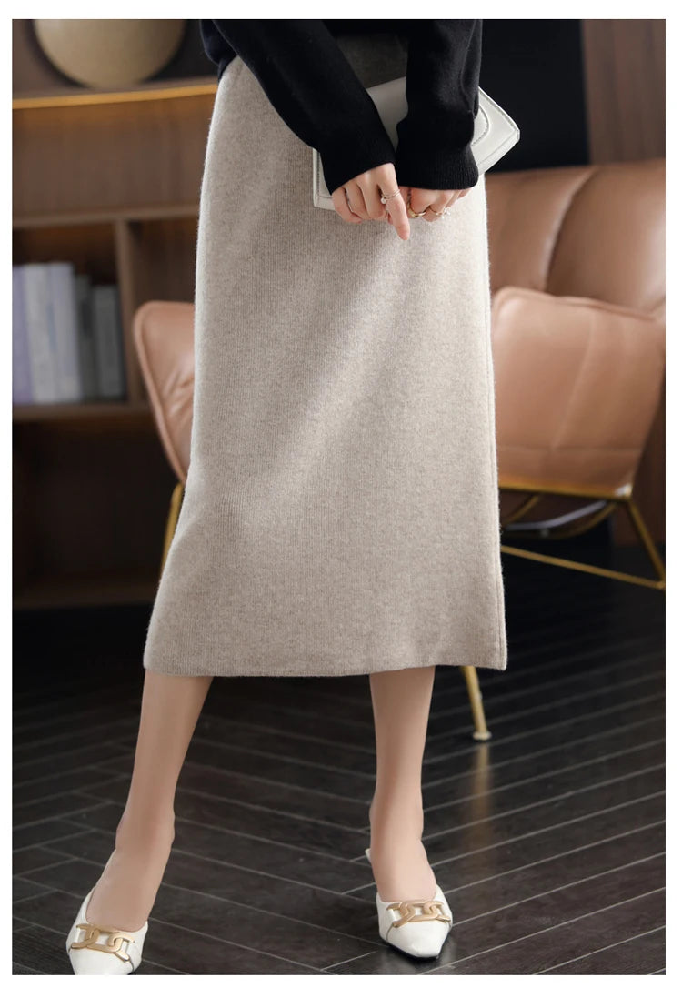 Pure Wool High Waist Knit A-Line Midi Skirt for Women