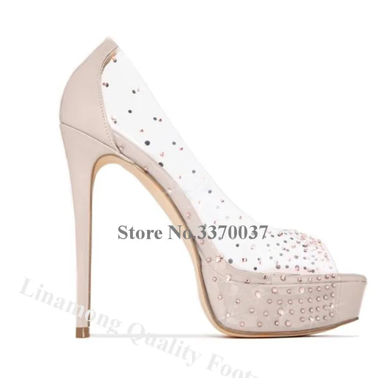 Elegant Peep Toe Platform Stiletto Pumps With Rhinestones For Women