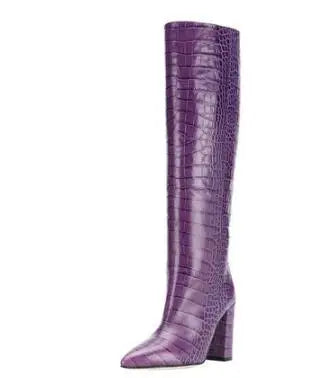 Pointed Toe Slip On Leather Knee High Boots for Women
