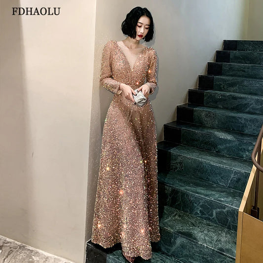 Sequined Long Sleeves Evening Dress O Neck Glitter Prom Dresses Plus Size Elegant Floor Length Vestido de noiva Customized