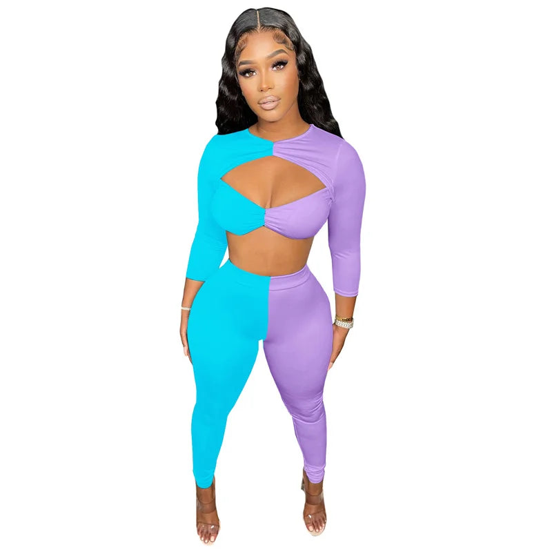 Color Block Patchwork Two Piece Set Women Cut Out Crop Top and Pants Leggings Club Outfits for Women Matching Sets Tracksuit