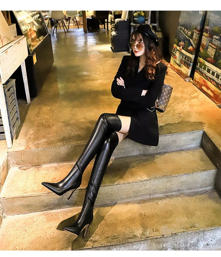 Black Leather Stiletto Over The Knee Boots for Women