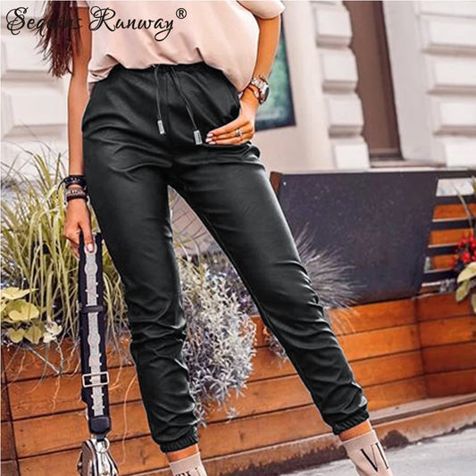 Sexy black high waist PU leather pants women fashion streetwear baggy pants trousers woman clothing gothic casual harem pants