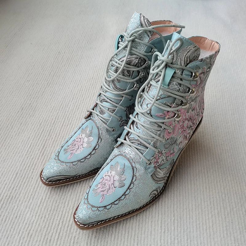 Blue Embroidered Flower Chinese Style Ankle Boots For Women