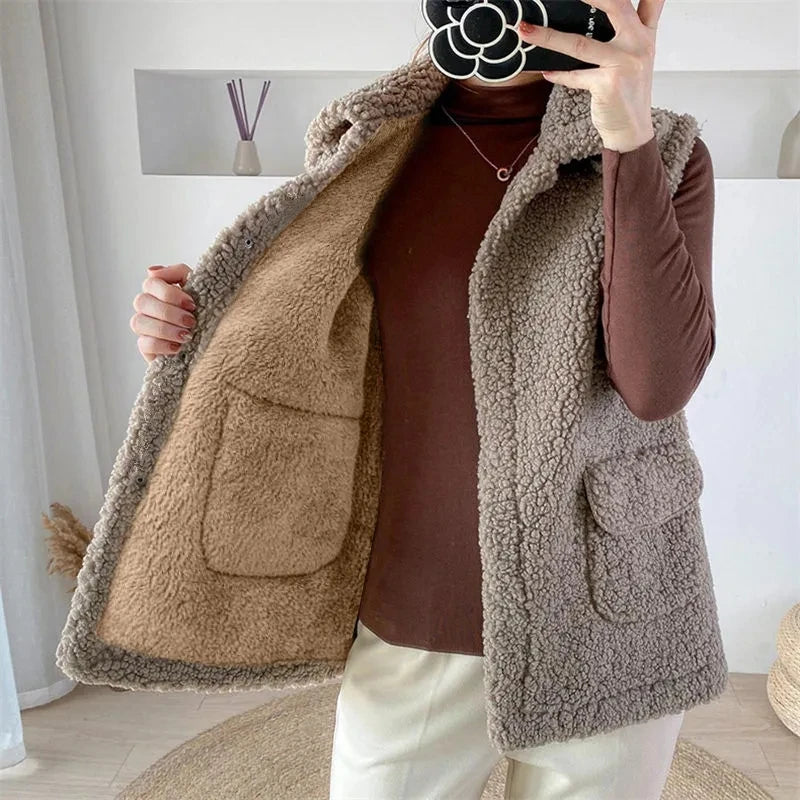 Faux Lamb Wool Thick Velvet Thickened Vest Jacket Female 2022 Autumn Winter Ladies Korean Outwear Waistcoat Vest Tops Women Warm
