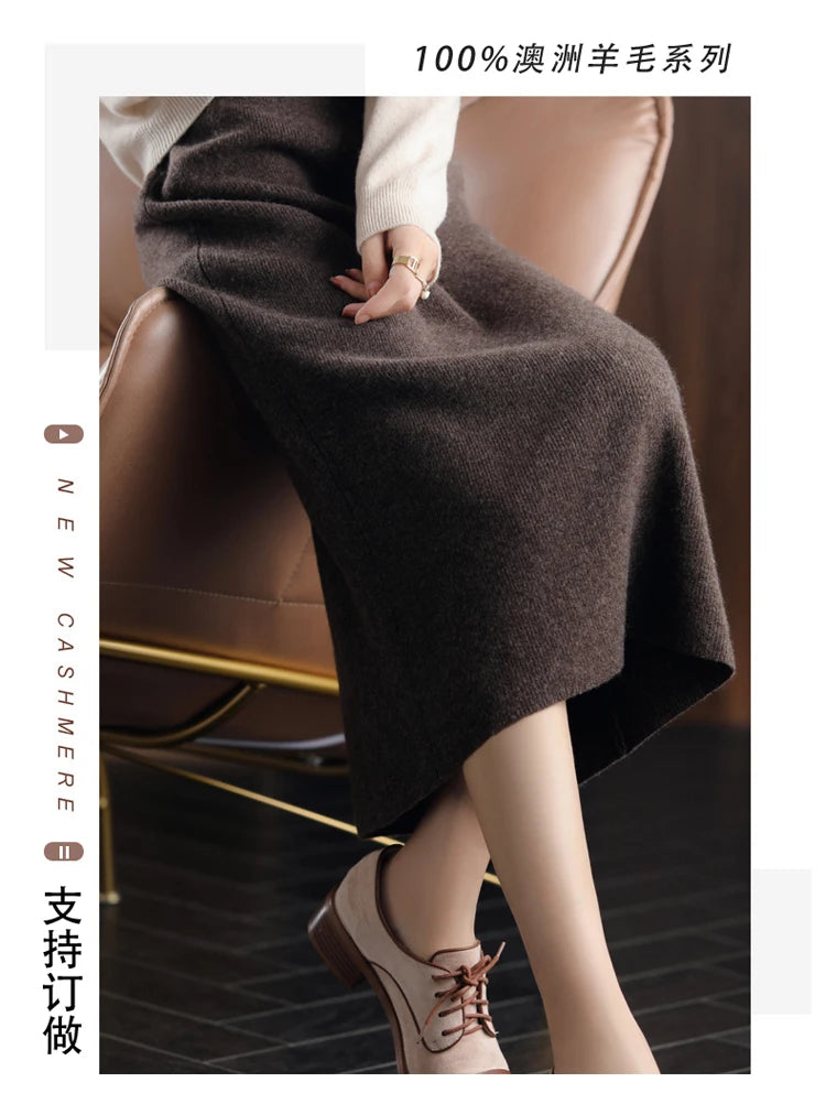 Pure Wool High Waist Knit A-Line Midi Skirt for Women