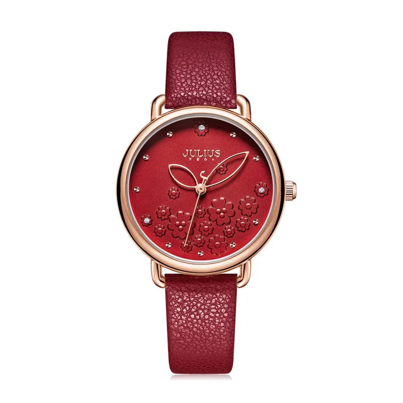 Four-leaf Clover Flower Elegant Women's Watch Japan Mov't Lady Hours Fine Fashion Real Leather Bracelet Girl's Gift Julius Box