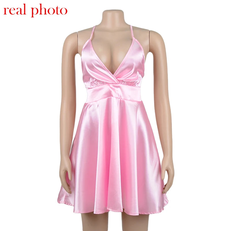 Cryptographic Satin Sexy Backless Sleeveless Party Night Club Wrap Mini Dresses Spaghetti Straps Elegant Dress Solid Vestidos