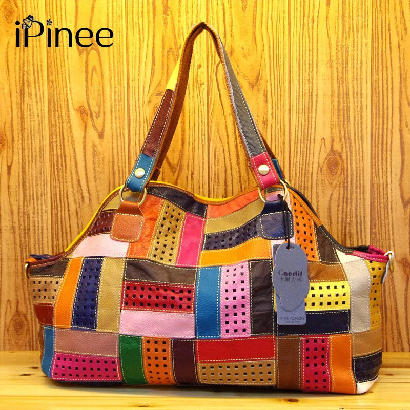 Patchwork Genuine Leather Shoulder Tote Bag for Women