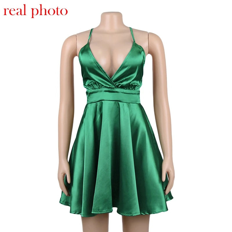 Cryptographic Satin Sexy Backless Sleeveless Party Night Club Wrap Mini Dresses Spaghetti Straps Elegant Dress Solid Vestidos