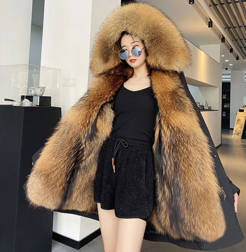 Winter Thick Warm Parkas Women Mink Detachable Inner Fur One Coat Long FauxFur Mink Cotton Jackets Female Hooded Chaquetas Mujer