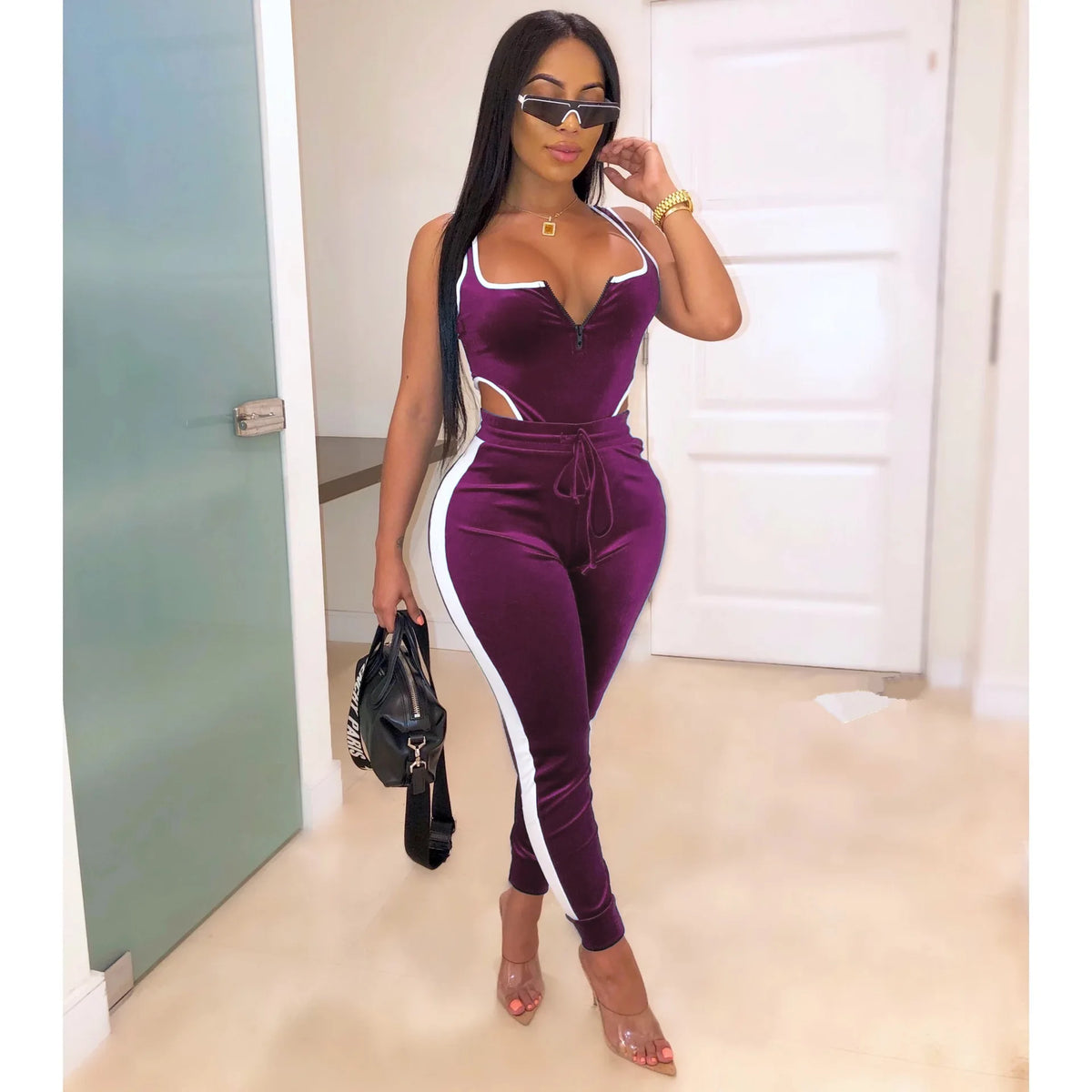 Velvet V-Neck Two Piece Top and Pants Set for Women