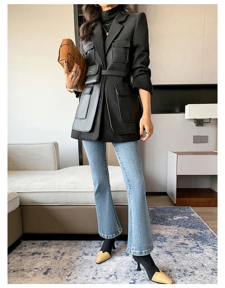 Black Patchwork Faux Leather Jacket With Pockets For Women