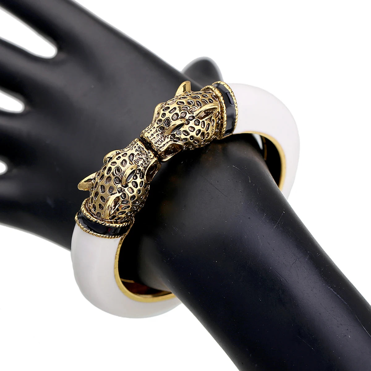 Double Leopard Head Enamel Cuff Bracelet for Women