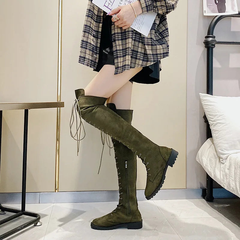 Lace Up Low Heel Winter Over The Knee Boots for Women
