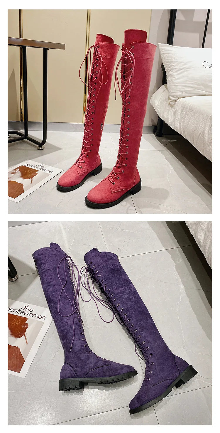 Lace Up Low Heel Winter Over The Knee Boots for Women