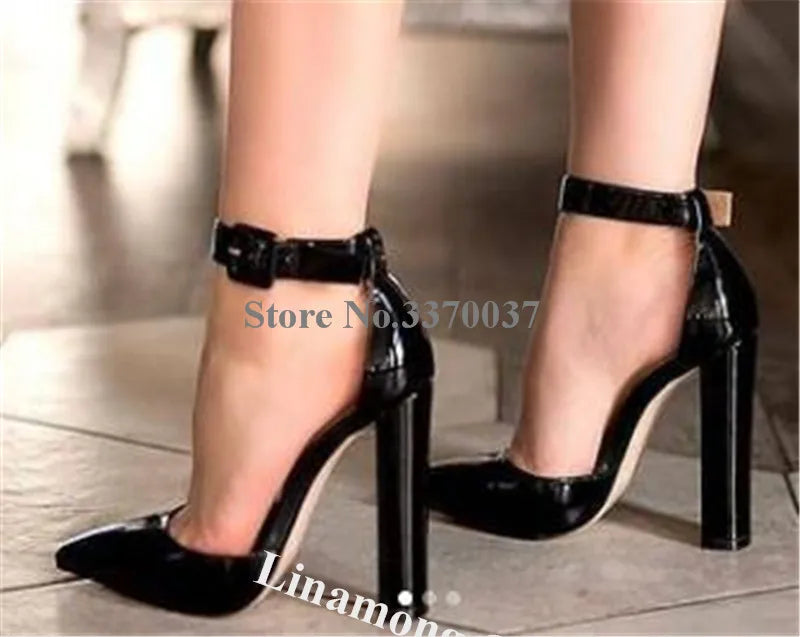 Pointed Toe Patent Leather Chunky Heel Pumps for Women