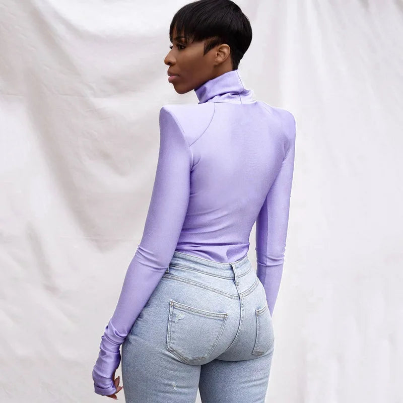 Bodysuit + Shoulder Padded Turtleneck + Winter Glam Club Wear Silhouette With Figure Flattering Fit