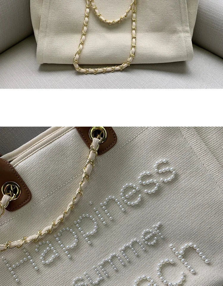 New Women Tote Bag Fashion Canvas Large Handbag Chains Genuine Leather Shoulder Bags Ladies Big Messenger Bag Shopping Bag