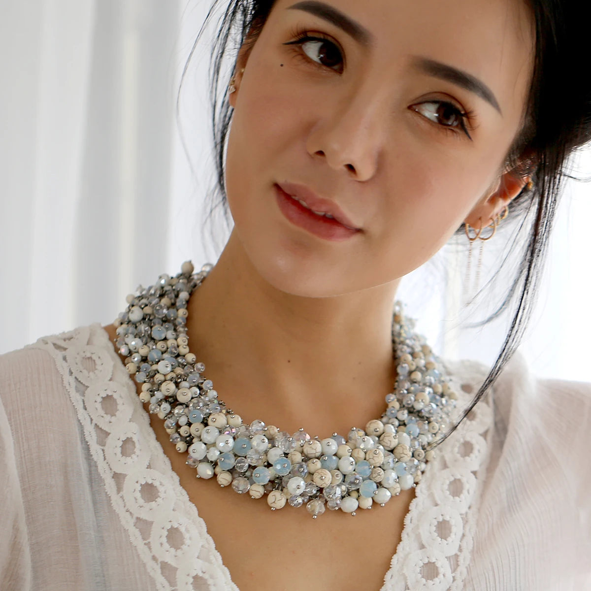 Double Layer Turquoise Bead Statement Necklace for Women
